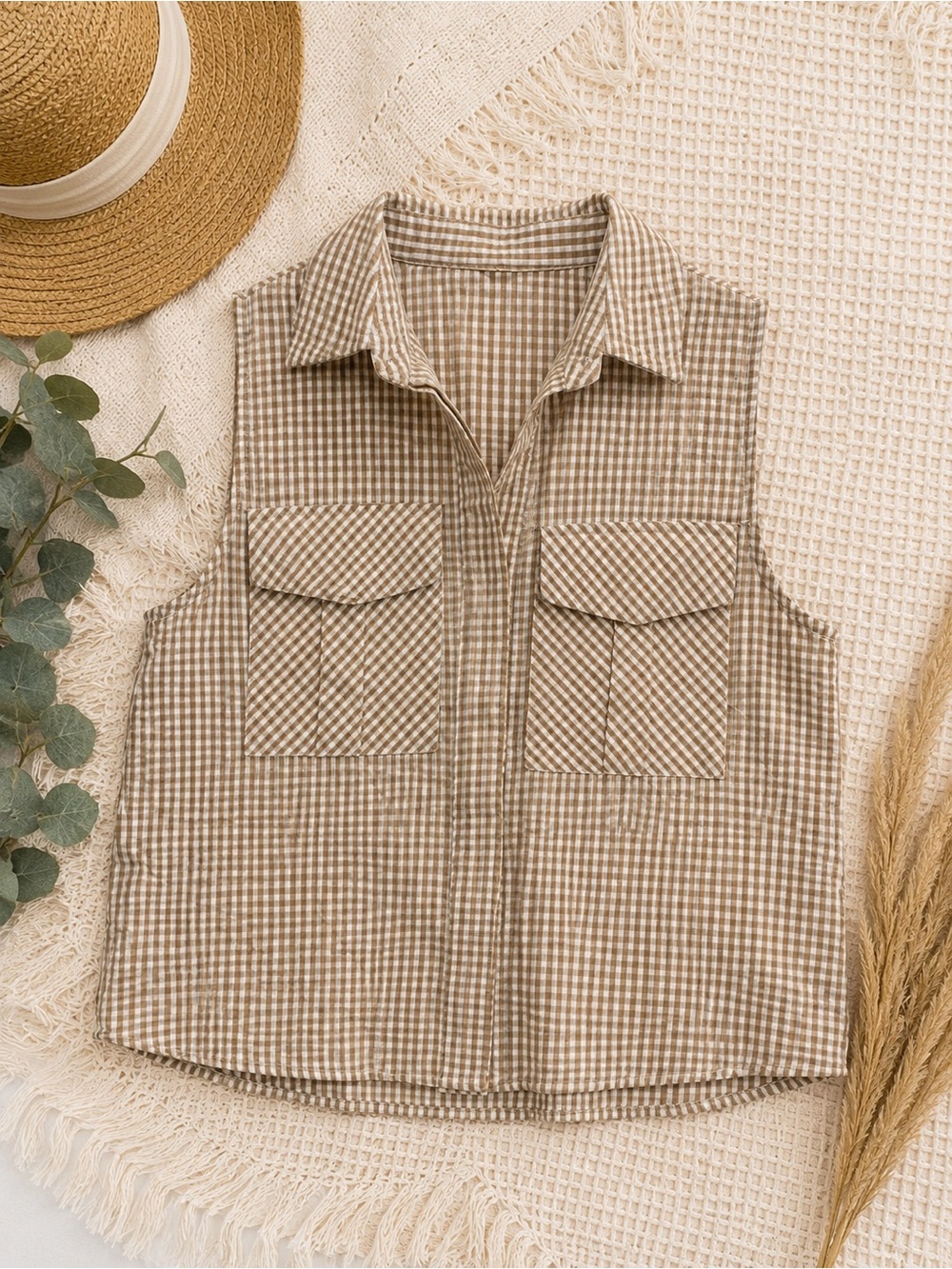 Sim & Sam Sleeveless Gingham Button Front Top in Beige